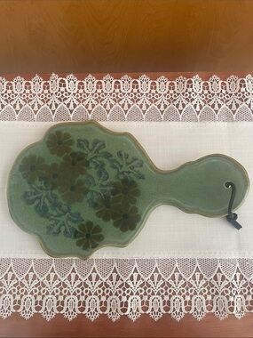 Vintage Ceramic Scalloped Cheese Board Trivet Celadon Green Floral Paddle